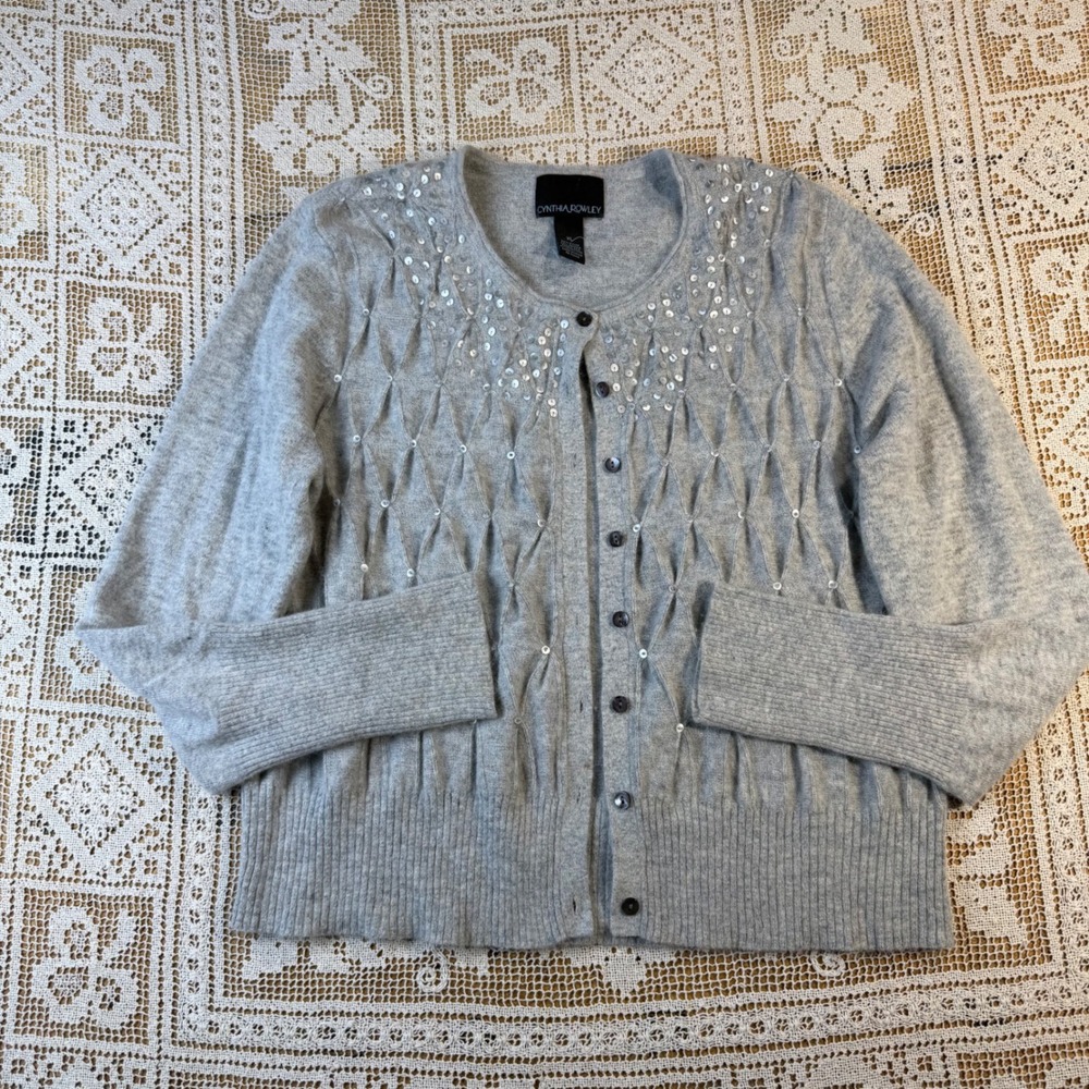 Cynthia Rowley Grey Angora Wool Blend Sequin Pintuck Cardigan Sweater XL